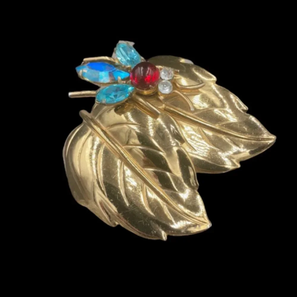 Vintage Coro Double Leaf and Rhinestone Bug Brooch